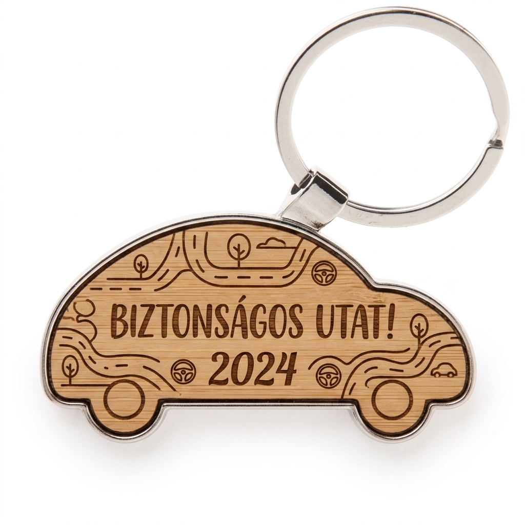 Autó alakú, fém kulcstartó bambusz betéttel
