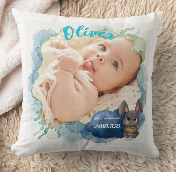 Egyedi fényképes párna - Gyerekminta -  Születési adatokkal