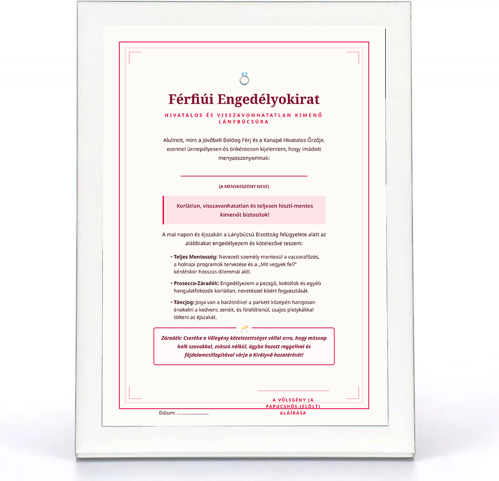 Leánybúcsú - Engedély okirat + 20x30-as keret