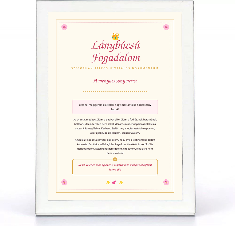 Leánybúcsú - Fogadalom + 20x30-as keret