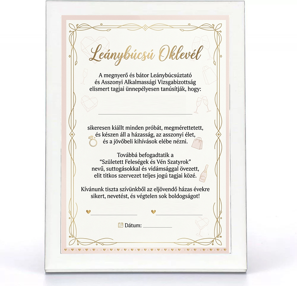 Leánybúcsú - Oklevél + 20x30-as keret
