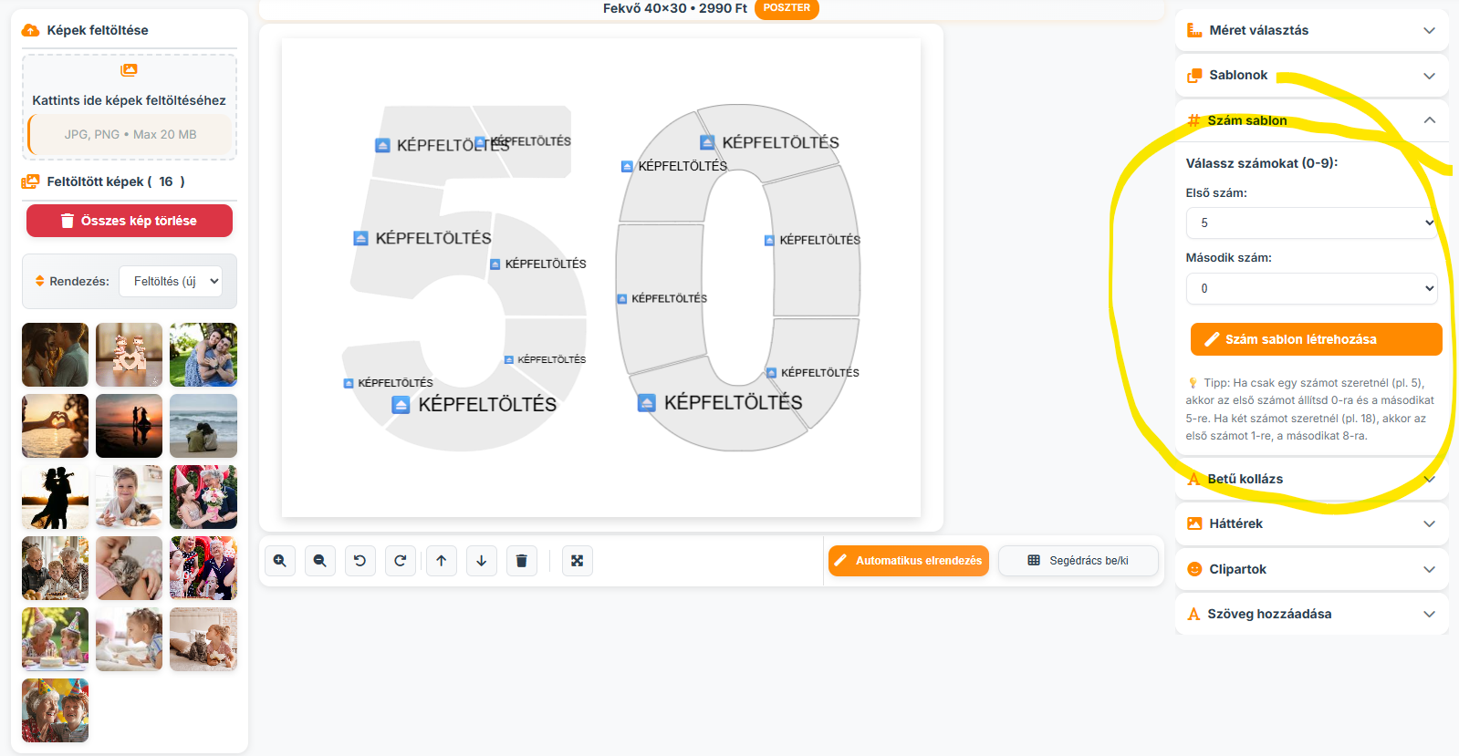Segítség a szám sablon kiválasztásához